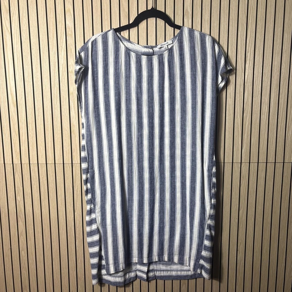 116 Madewell Linen-Blend Striped Button-Back Dress (Medium, EUC)